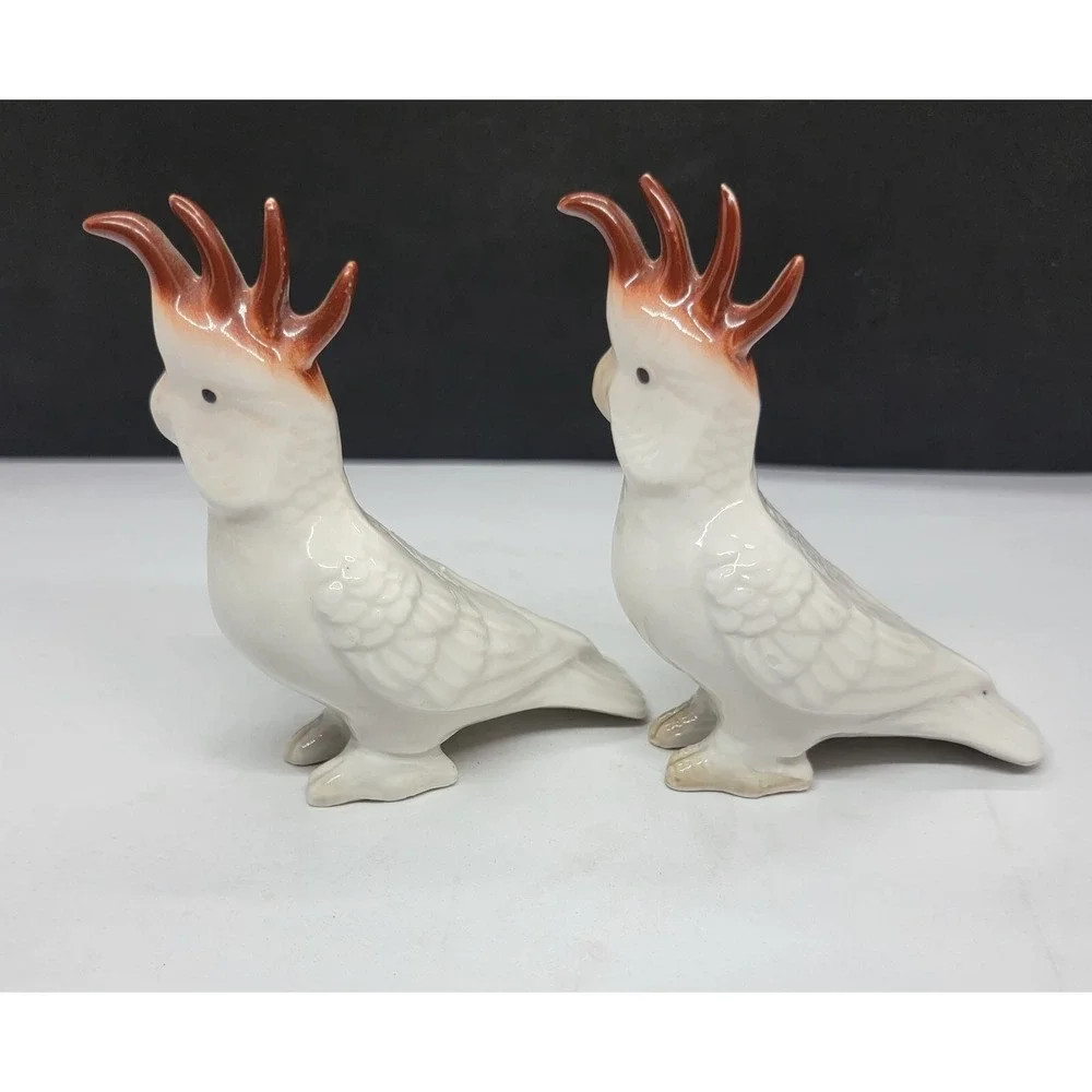 Two Vintage China White Brown Feather Crown Cockatoo Figurines